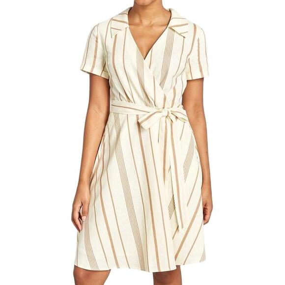 MODCLOTH Sweet Surprise Faux-Wrap Dress Ivory Brown Striped - Sz 4 - NWT - Picture 1 of 5